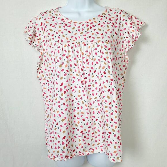 LOFT Outlet XL White Pink Print Flutter Sleeve Top - Picture 1 of 8